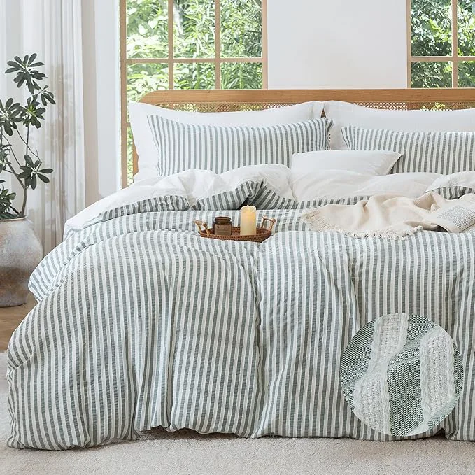 Clean MILDLY Sage Green Striped Duvet Cover – Washed Cotton Jacquard Textured Comforter Cover with Dual Zipper Closure amp 8 Coner Ties Unique