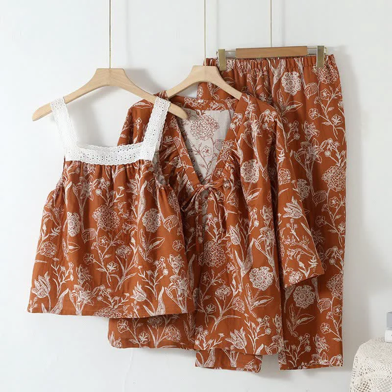 Traditional Ownkoti Floral Pure Cotton 3-Piece Pajama Set Minimalist