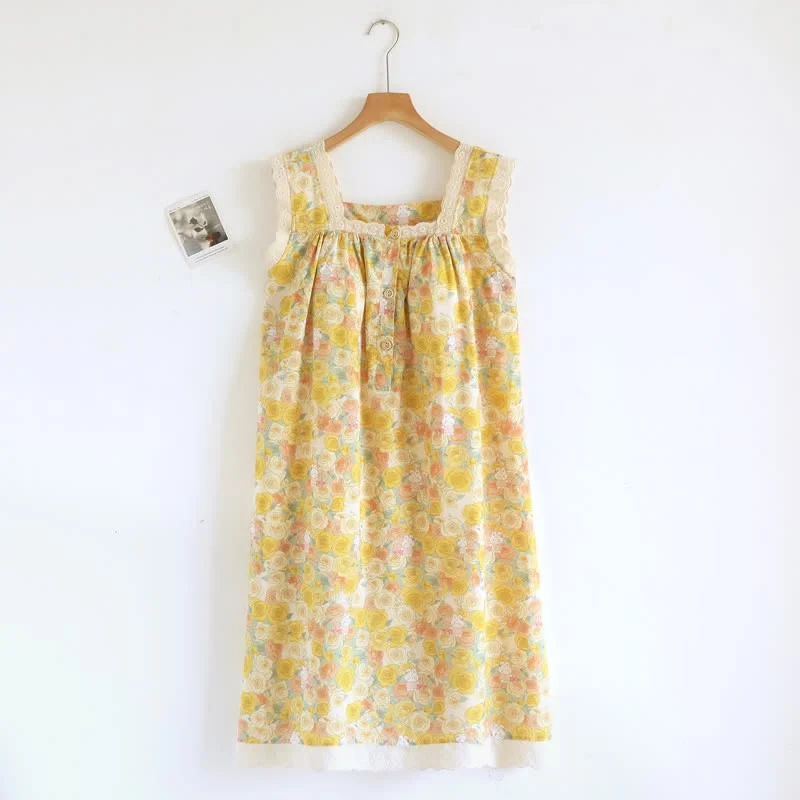 Clean Ownkoti Yellow Floral Lace Trim Cotton Nightgown Elegant
