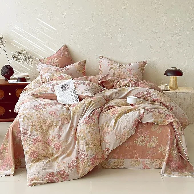 Secure VM VOUGEMARKET Vintage Floral Double Gauze Duvet Cover Set Queen – Blush Peach Jacquard Reversible Breathable Cotton Bedding Rustic Pastoral Style for Cozy Family Bedrooms Traditional