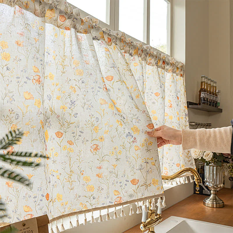 Solid Ownkoti Floral Semi-Sheer Kitchen Half Curtain High-Performance