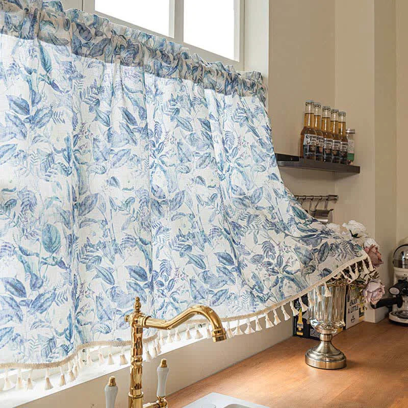 Quality Ownkoti Botanical Linen Kitchen Curtain with Tassels Efficient