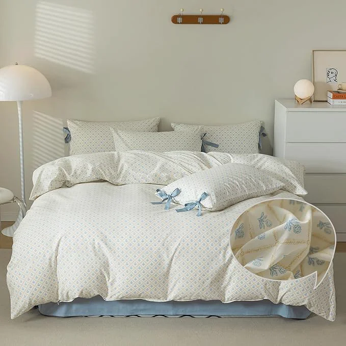 Advanced VM VOUGEMARKET Full Duvet Cover with Blue Flower Prints Cotton Bedding Set Yellow Plaid Grid Comforter Cover with Zipper Closure 80×90 Inch Long-Lasting