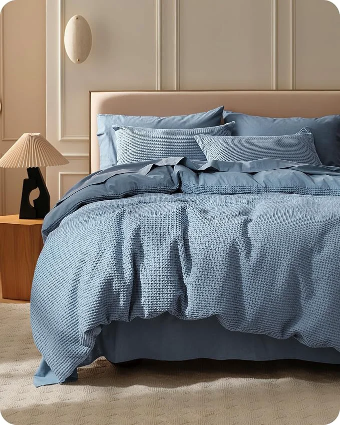Elegant Bedsure Cotton Duvet Cover King – Cotton Waffle Weave Grey Blue Duvet Cover King Size GentleSoft™ and Breathable Bedding Set for All Season 3 Pieces 104 quot x90 quot Convenient