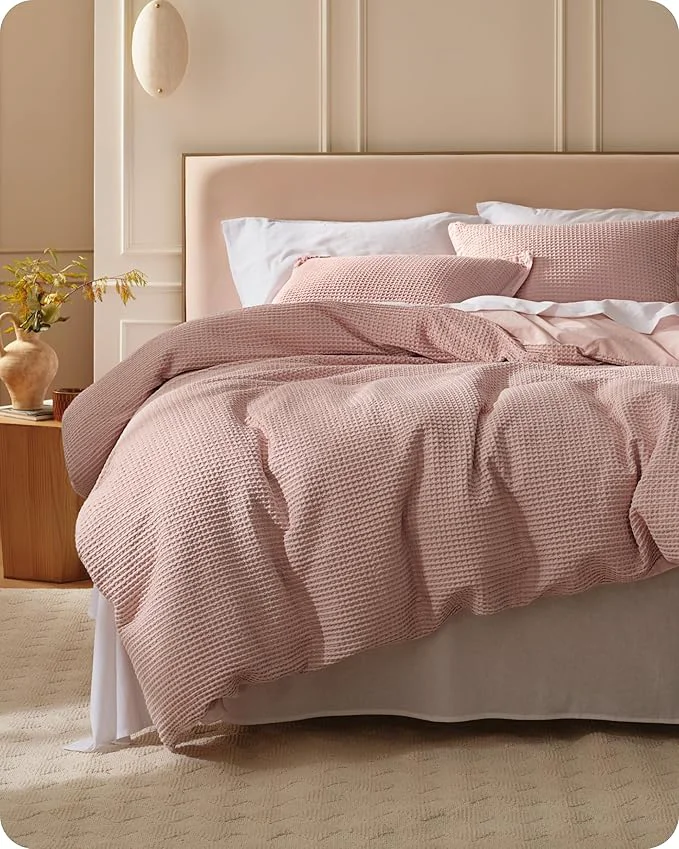 Sustainable Bedsure Cotton Duvet Cover Queen – Cotton Waffle Weave Pink Duvet Cover Queen Size GentleSoft™ and Breathable Bedding Set for All Season 3 Pieces 90 quot x90 quot Modern