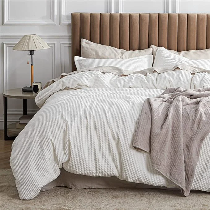 Stylish Bedsure Cotton Duvet Cover Set – Cotton Waffle Weave Coconut White Duvet Cover Oversized Queen Size GentleSoft™ and Breathable Bedding Set for All Season 3 Pieces 98 quot x98 quot Top-Quality