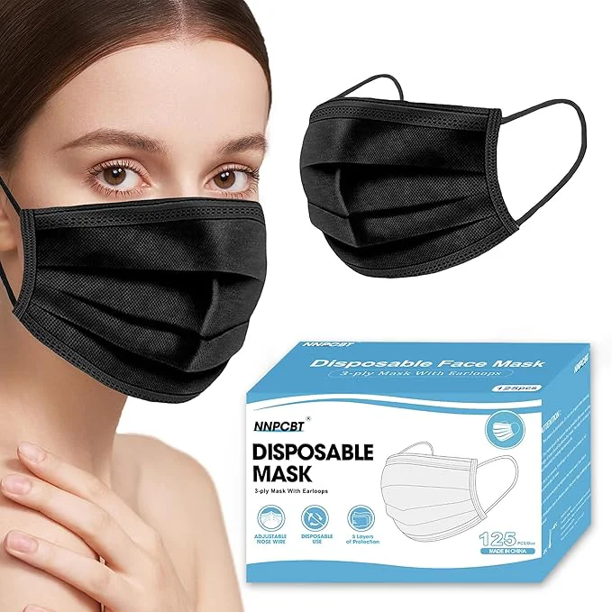 Genuine NNPCBT Black Disposable Face Masks 125 Pack 3-Ply Breathable Mask Lightweight