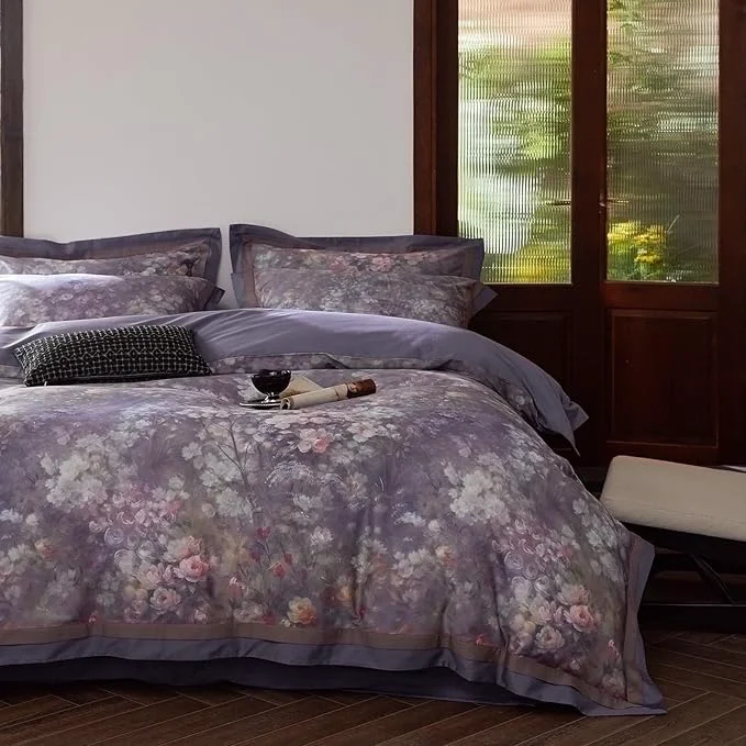 Clean VM VOUGEMARKET Purple Floral Duvet Cover Set Queen 3 Pieces Garden Flower Duvet Cover with 2 Pillow Shams Smooth Silky Long Staple Cotton Bedding Set-Queen 90×90 Inch Next-Generation