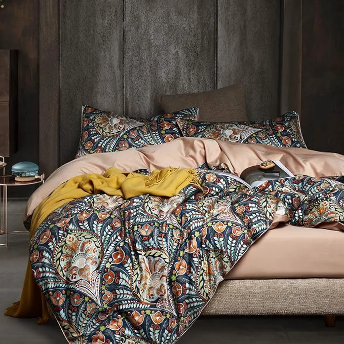 Contemporary VM VOUGEMARKET Medallion Duvet Cover Set King Boho Paisley Print Bedding Set 3 Pieces Sateen Cotton Rustic Bohemian Comforter Cover with Zipper Ties Pure