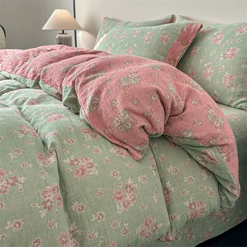 Practical Ownkoti Vintage Floral Pure Cotton Gauze Bedding 4PCS Secure