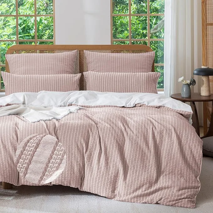 Elite MILDLY Jacquard Stripe Duvet Cover – Washed Cotton Pale Mauve Boho Textured Comforter Cover Set with Zipper Closure 104 quot x90 quot Durable