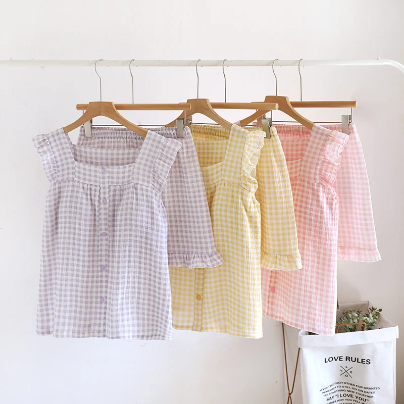 Quality Ownkoti Ruffle Sleeve Gingham Cotton Pajama Set Specialty