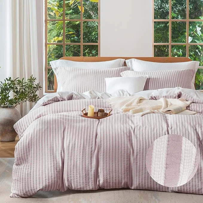 Artisan MILDLY Jacquard Stripe Duvet Cover – Washed Cotton Pale Mauve Boho Textured Comforter Cover 2pcs with Zipper Closure 68 quot x90 quot User-Friendly
