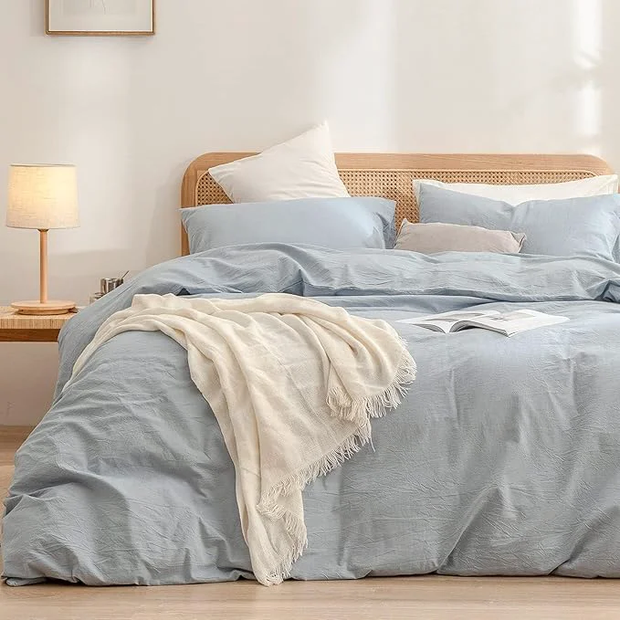 Trusted OUCH Duvet Cover Set Washed Cotton Linen Feel Super Soft Comfortable Chic Lightweight 3 PCs Home Bedding Set Solid Cornflower Blue Alaska King Functional