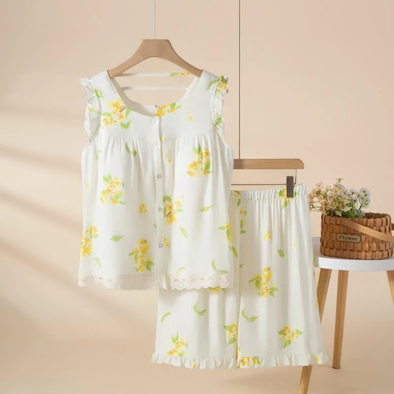 Optimized Ownkoti Osmanthus Ruffle Lace Sleeveless Loungewear Set Safe