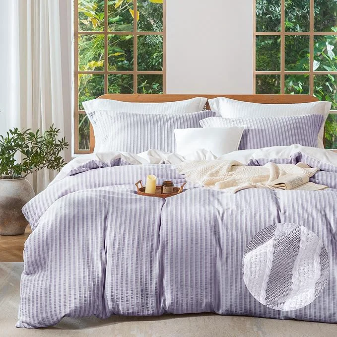 Exclusive MILDLY Purple Striped Duvet Cover – Washed Cotton Jacquard Boho Textured Comforter Cover 3pcs with Corner Ties Zipper Closure 80 quot x90 quot Superior