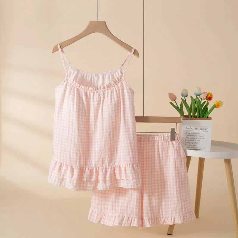 Ownkoti Soft Gingham Cotton Ruffle Loungewear Set Comfortable