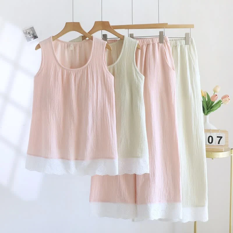 Pure Ownkoti Solid Cotton Gauze Lace Loungewear Set Healthy