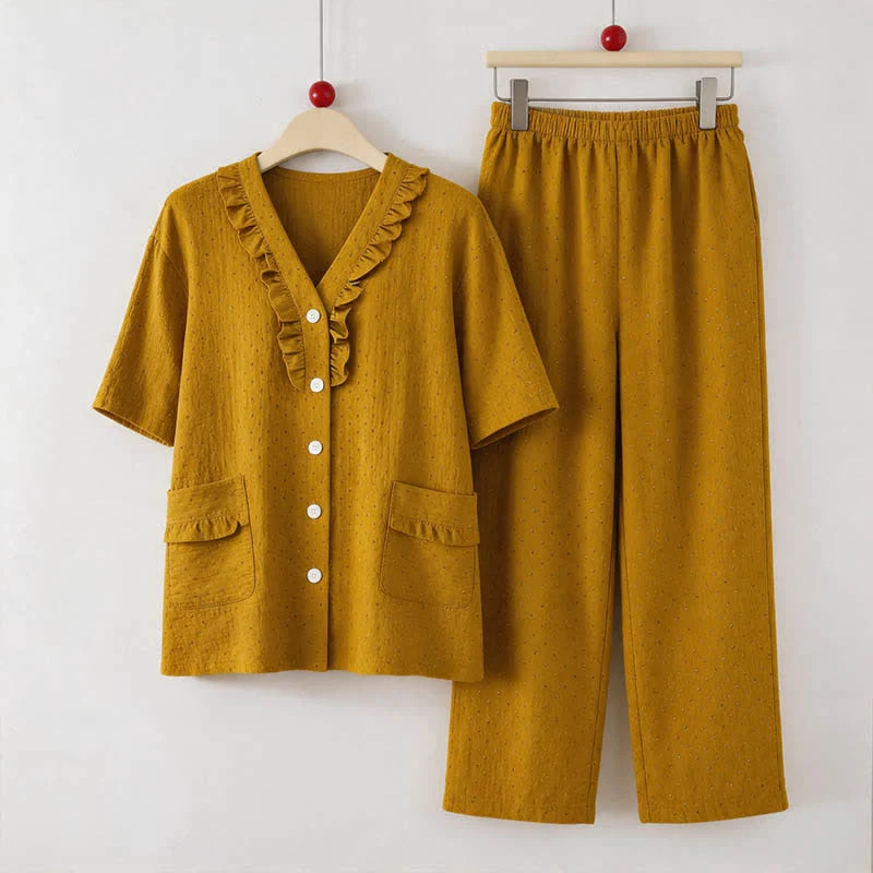 Eco-Friendly Ownkoti Mustard Cotton Ruffle Loungewear Set Fast
