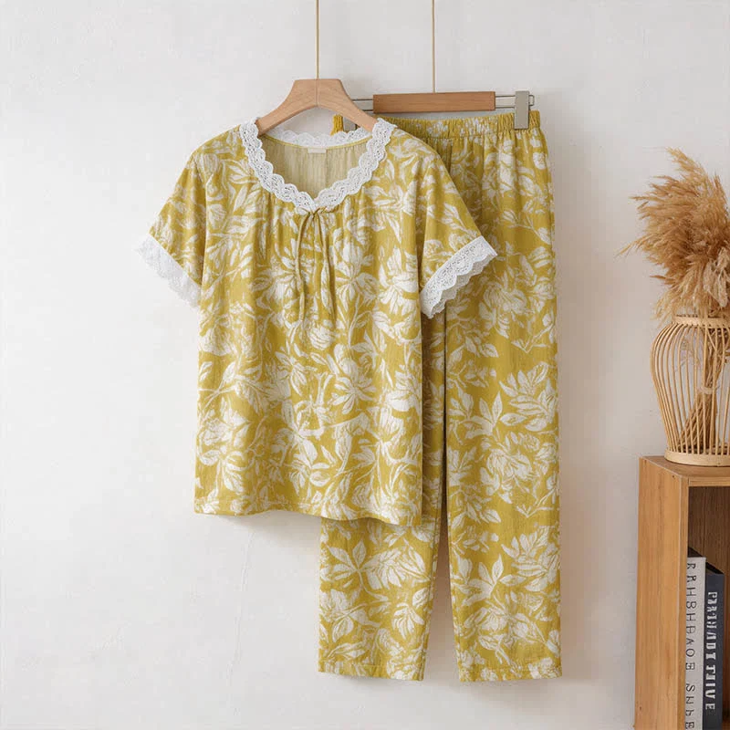 Eco-Friendly Ownkoti Botanical Cotton Lace Trim Loungewear Set Relaxed