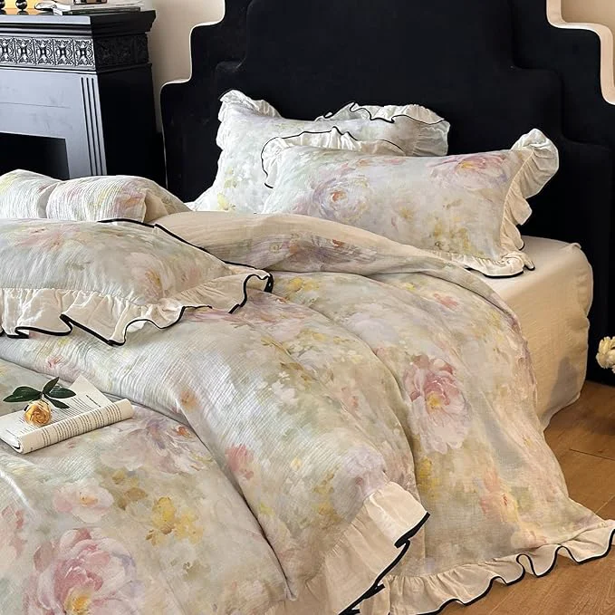 World-Class VM VOUGEMARKET Chic Floral Duvet Cover Full with Romantic Ruffles Organic Cotton Soft Textured Gauze Weave Comforter Cover with Zip Closure and Corner Ties- 80 quot x90 quot Professional