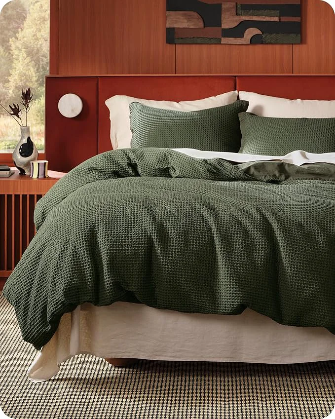 Classic Bedsure Cotton Duvet Cover Set – Cotton Waffle Weave Olive Green Duvet Cover Oversized King Size GentleSoft™ and Breathable Bedding Set for All Season 3 Pieces 120 quot x98 quot High-End