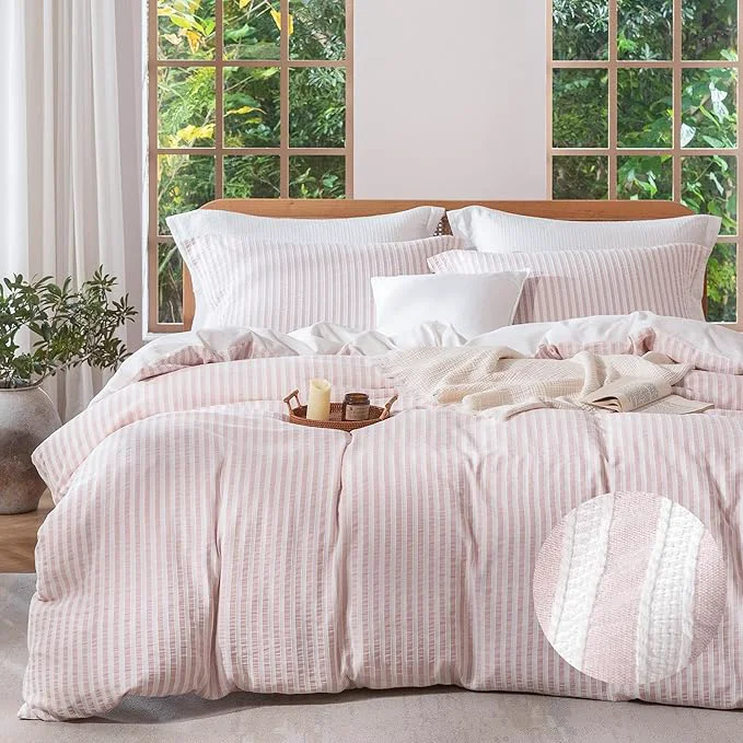 Efficient MILDLY Pink Striped Duvet Cover – Washed Cotton Jacquard Boho Textured Comforter Cover 3pcs with Corner Ties Zipper Closure 104 quot x90 quot Natural