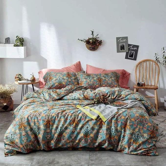 Clean VM VOUGEMARKET Gold Green Flower Duvet Cover Full Medallion Print Bedding Set Percale Cotton Vibrant Bohemian Pattern Quit Cover with Zipper Closure Genuine