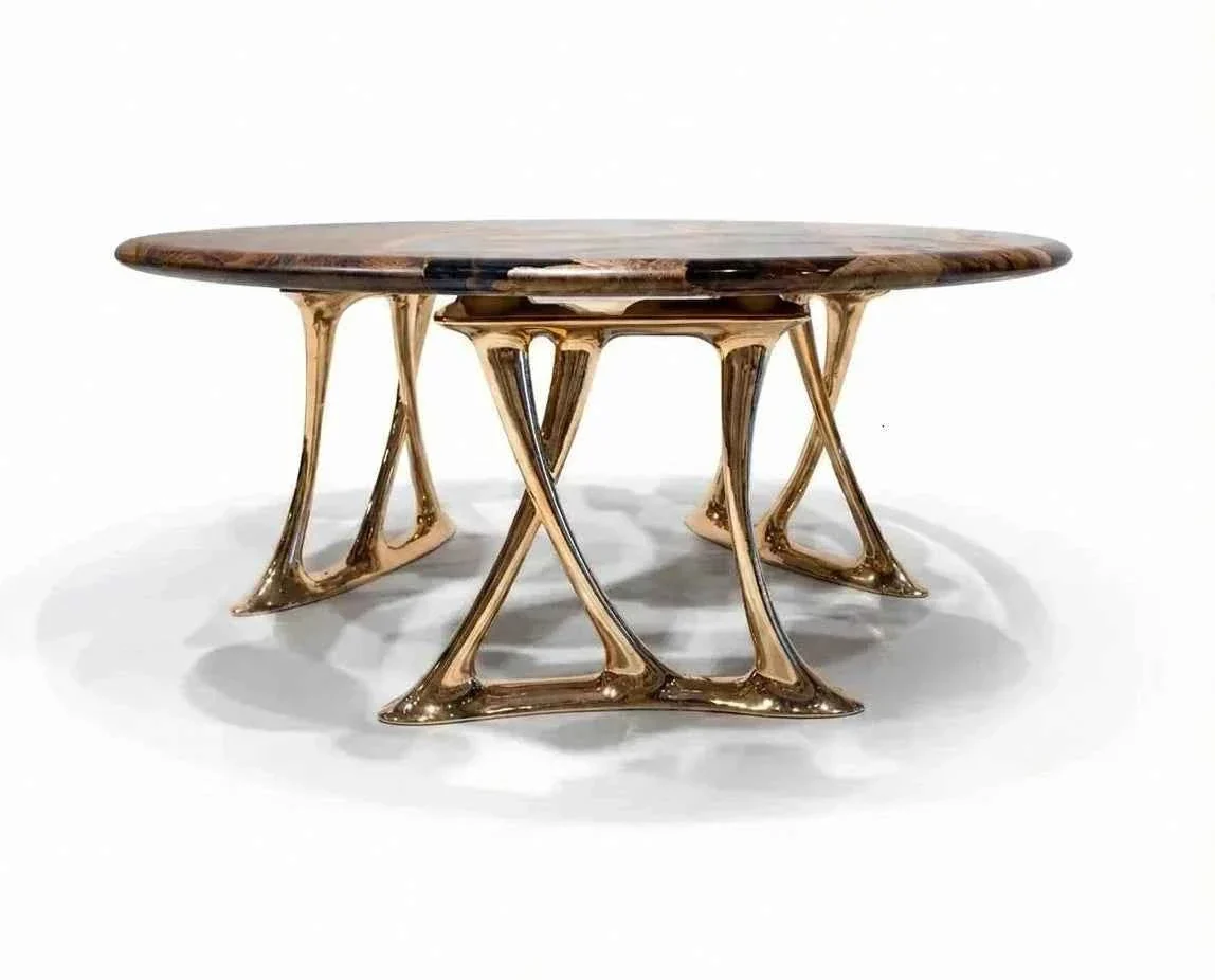 Comfortable Luxury Round Walnut Dining Table with Rose Gold Aluminum Legs Selected