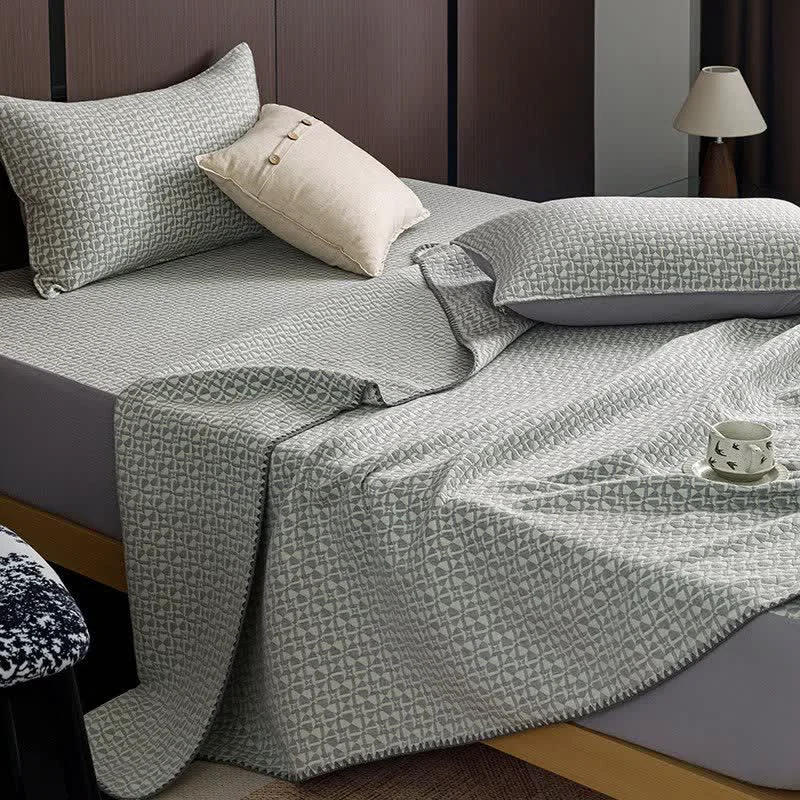 Expertly Made Ownkoti Neutral Geometric 3-Layer Cotton Gauze Quilt Contemporary