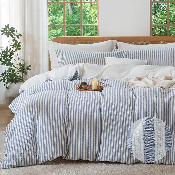 Versatile MILDLY Blue Striped Duvet Cover – Washed Cotton Jacquard Textured Comforter Cover with Dual Zipper Closure amp 8 Coner Ties Unique