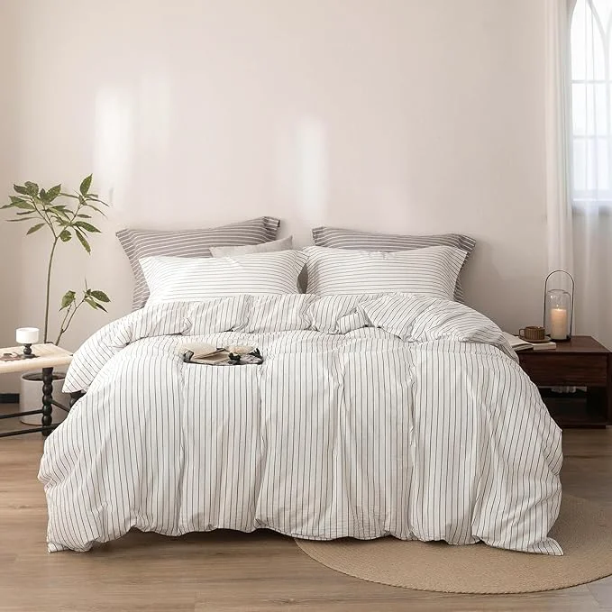 Trusted Stripe Duvet Cover Twin Size 90inch x 68inch Washed Cotton Linen Feel Duvet Cover with Zipper Closure and 1 Pillowcases Color of White-Dark Grey Stripe Dependable