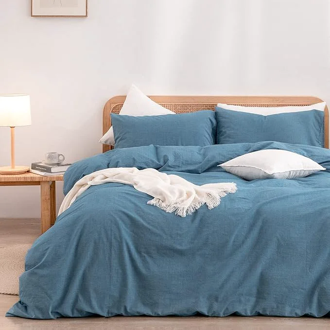 Optimized OUCH Duvet Cover Set Washed Cotton Linen Feel Super Soft Comfortable Chic Lightweight 3 PCs Home Bedding Set Solid Dark Blue King Original Design