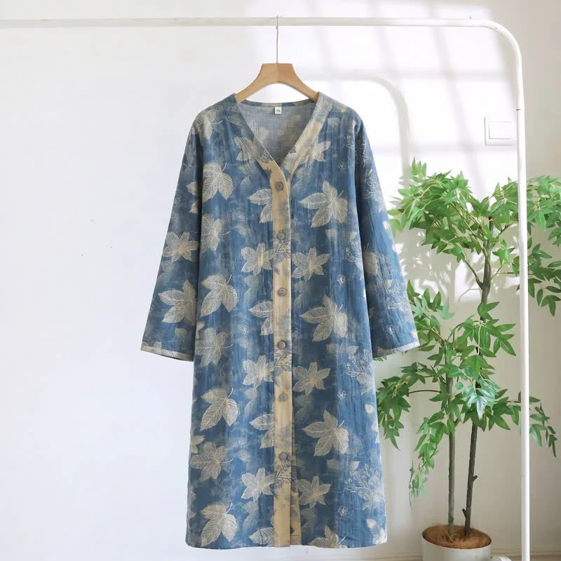 Next-Generation Ownkoti Blue Leaf Cotton Gauze Sleep Nightie Crafted
