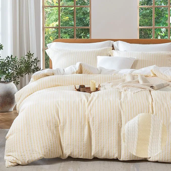 Convenient MILDLY Yellow Striped Duvet Cover – Washed Cotton Jacquard Textured Comforter Cover with Dual Zipper Closure amp 8 Coner Ties First-Class