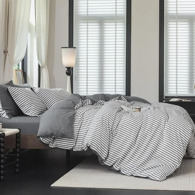 Comfortable Reversible Duvet Cover Set Washed Cotton Dark Grey Stripe Linen Feel Duvet Cover King Size with Zipper Closure amp 2 Pillow Shams Dark Grey White Stripe Reverse Solid Dark Grey Relaxed
