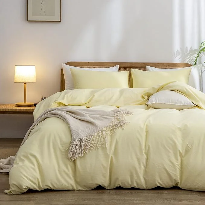 Practical OUCH Duvet Cover Set Washed Cotton Linen Feel Super Soft Comfortable Chic Lightweight 3 PCs Home Bedding Set Solid Light Yellow Cal King Premium Material