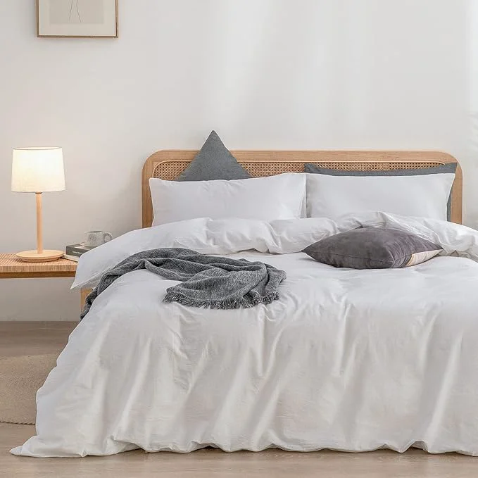 Pure OUCH Duvet Cover Set Washed Cotton Linen Feel Super Soft Comfortable Chic Lightweight 3 PCs Home Bedding Set Solid Bright White King