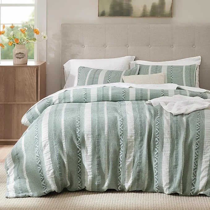 Comfortable Bedsure Waffle Weave Duvet Cover Queen – Cotton Boho Duvet Cover with 2 Pillowcases – Green Textured Comforter Cover with Zipper Closure Queen 90 quot x90 quot Fast