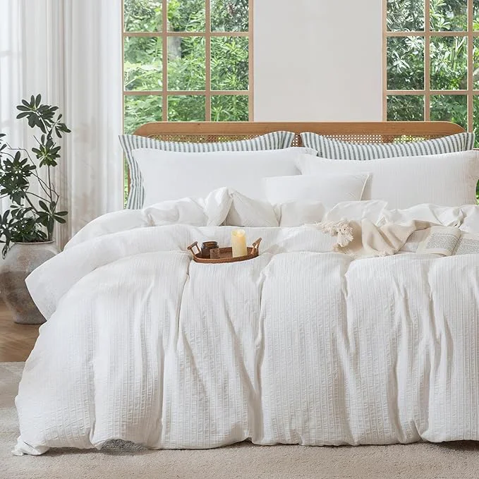 Authentic MILDLY White Striped Duvet Cover – Washed Cotton Jacquard Textured Comforter Cover with Dual Zipper Closure amp 8 Coner Ties Pure