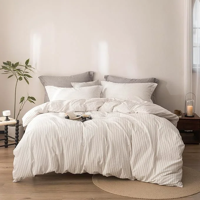 Sustainable Stripe Duvet Cover King Size 104inch x 90inch Washed Cotton Linen Feel Duvet Cover Pinstripe Duvet Cover with Zipper Closure and 2 Pillowcases Color of White and Linen Grey Stripe Functional