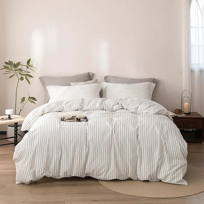 Original Design Stripe Duvet Cover Queen Size 90inch x 90inch Washed Cotton Linen Feel Pinstripe Duvet Cover with Zipper Closure and 2 Pillowcases Color of White-Dark Grey Stripe Consistent