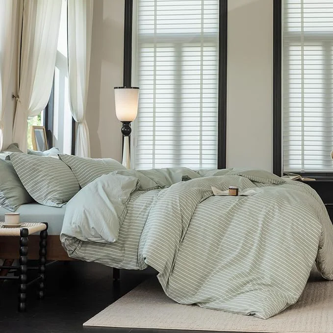 Eco-Friendly Reversible Duvet Cover Set Washed Cotton Green Stripe Linen Feel Duvet Cover Super Queen Size with Zipper Closure amp 2 Pillow Shams Celadon Green White Stripe Reverse Solid Celadon Green High-Grade