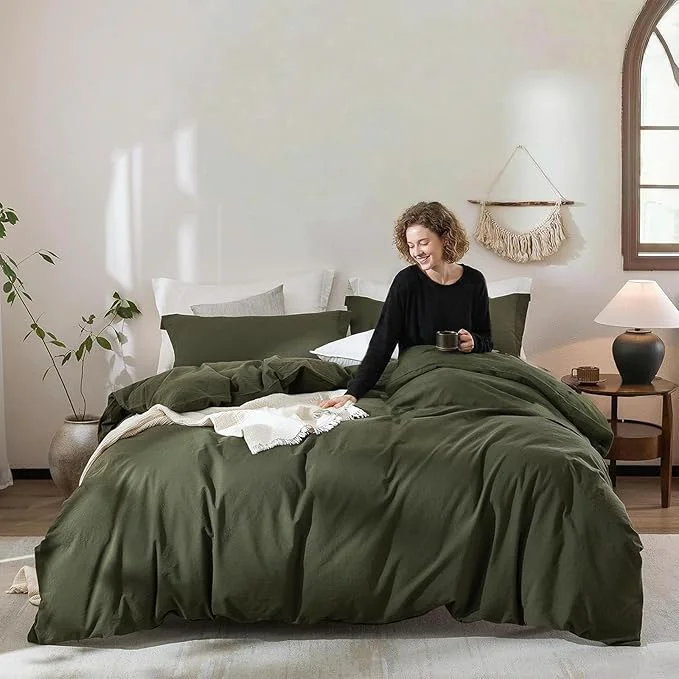 Verified Linen Feel Duvet Cover Full Size 90inch x 80inch Washed Cotton Duvet Cover with Zipper Closure and 2 Pillowcases Color of Olive Green Selected