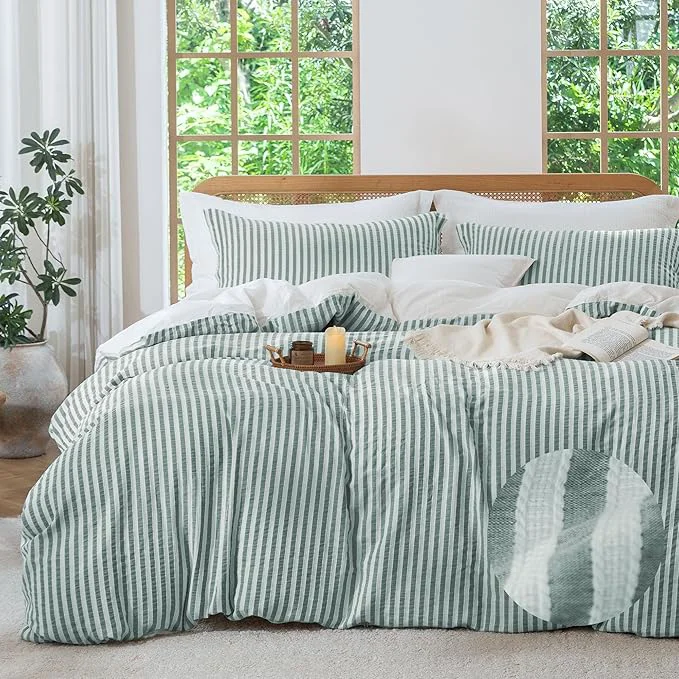 Artisan MILDLY Green Striped Duvet Cover – Washed Cotton Jacquard Textured Comforter Cover with Dual Zipper Closure amp 8 Coner Ties Outstanding