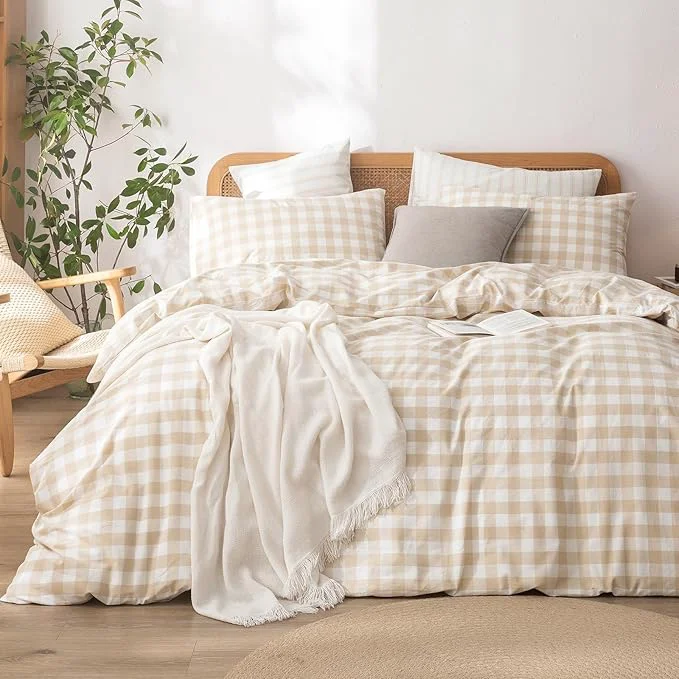 Refined OUCH Duvet Cover Set Washed Cotton Linen Feel Super Soft Comfortable Chic Lightweight 3 PCs Home Bedding Set Almond Grey amp White Grid King Quality