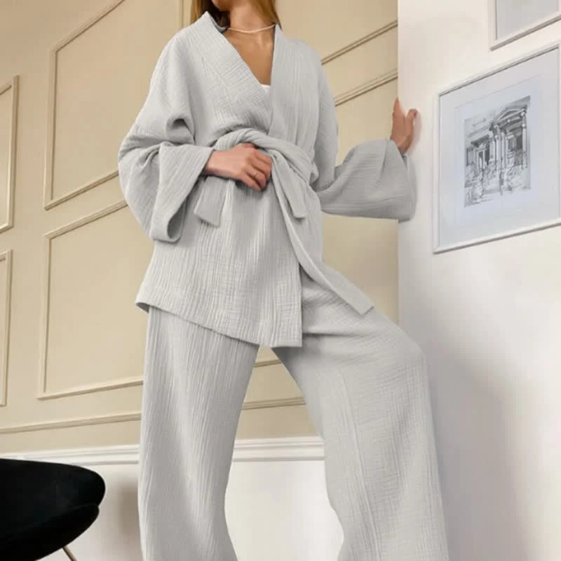 Fashionable Ownkoti Solid Color Cotton Gauze Kimono Pajamas Lightweight
