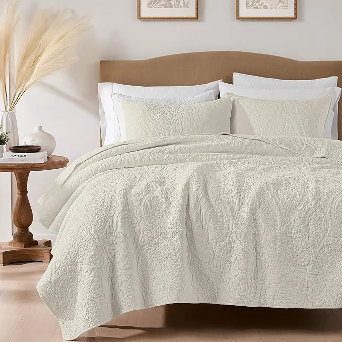 Classic PALASSIO Beige Paisley Cotton Quilt California Cal King Size Bedding Sets with 2 Pillow Shams Oversized Boho Floral Farmhouse Vintage Soft Bedspread Shabby Chic Coverlet for All Season 3 Pieces Prestigious