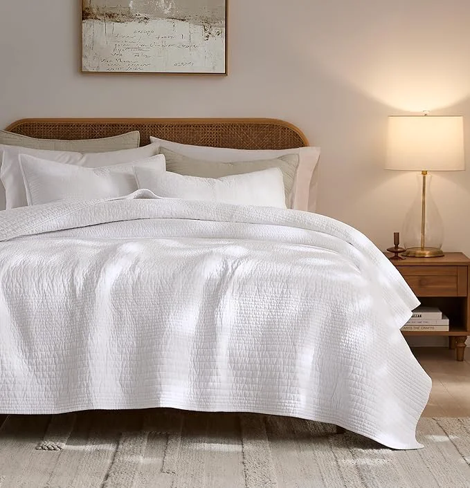 High-Quality palassio Striped White Cotton Quilt Twin Size Bedding Sets Lightweight Crinkly Channel Pick Stitch Textured Bedspread Soft Shabby Chic Farmhouse Country Coverlet for All Season 1 Sham Specialty