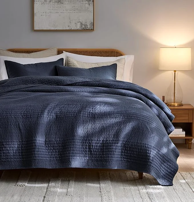 Refined PALASSIO Striped Navy Blue Cotton Quilt California Cal King Size Bedding Sets Oversized Lightweight Channel Pick Stitch Textured Bedspread Soft Farmhouse Country Coverlet for All Season 2 Shams Secure